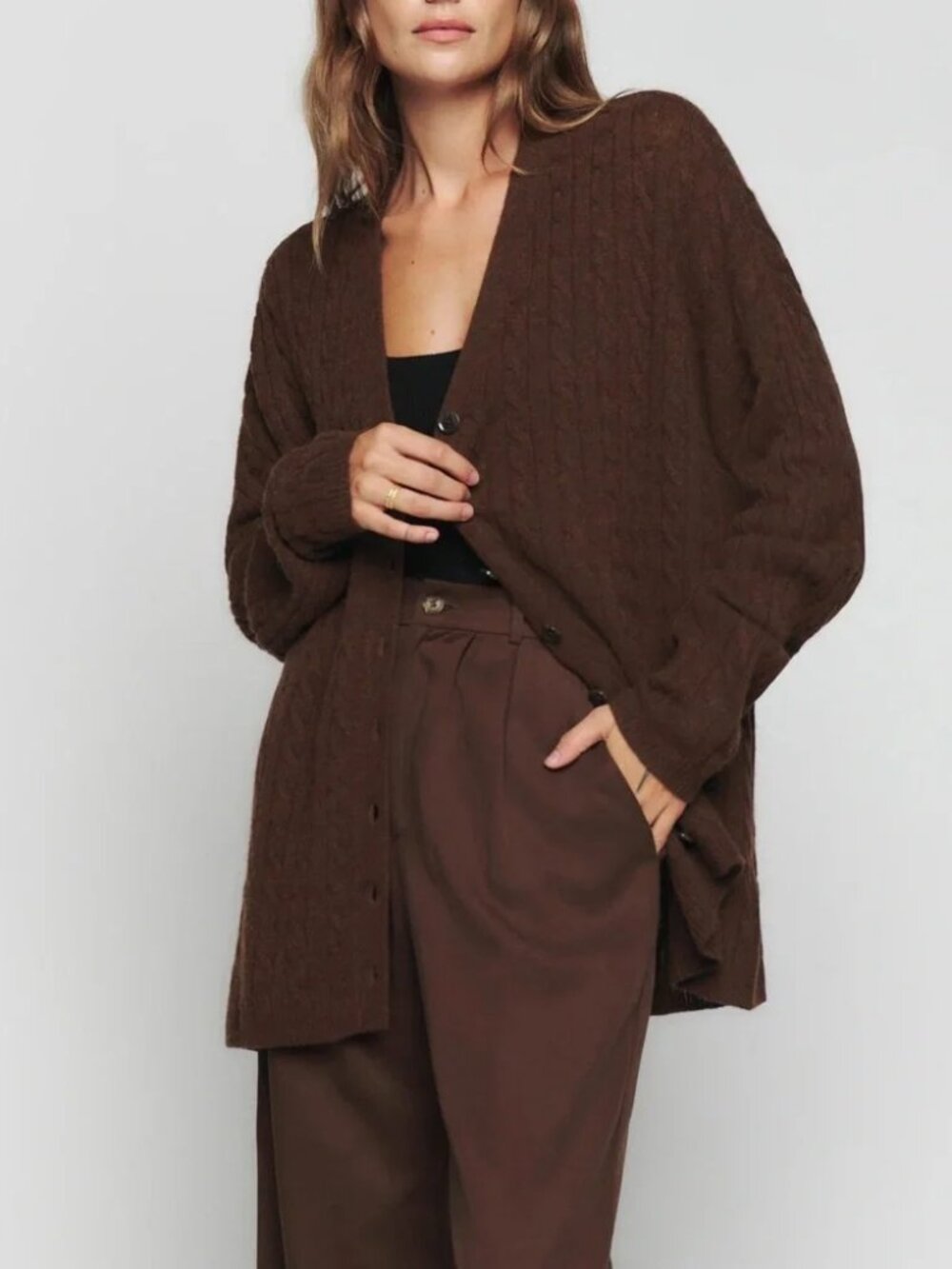 Reformation Giusta Oversized Cashmere Cardigan — Coffee Americano, Size M